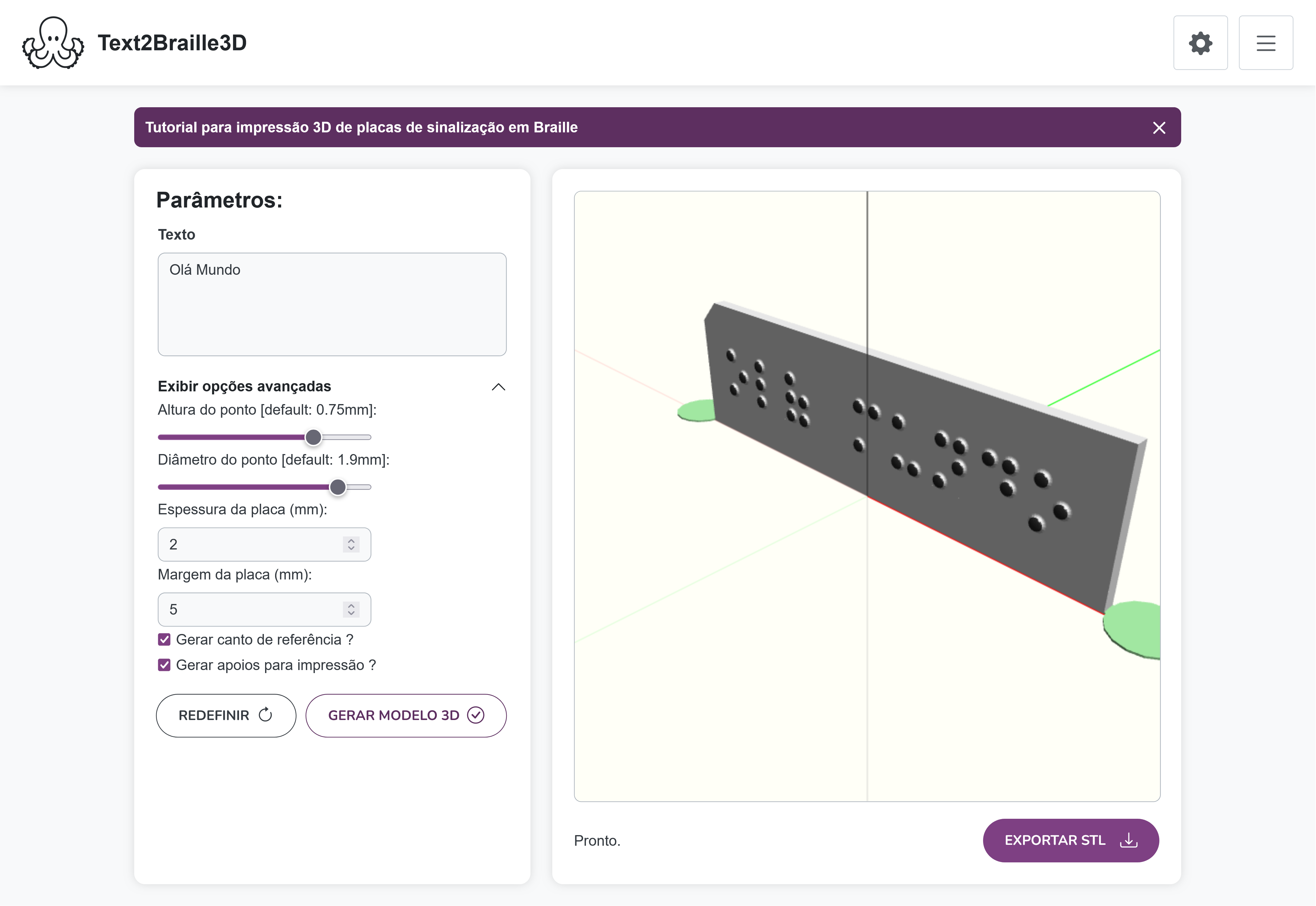 Imagem da ferramenta Text2Braille3D com opções avançadas exibidas