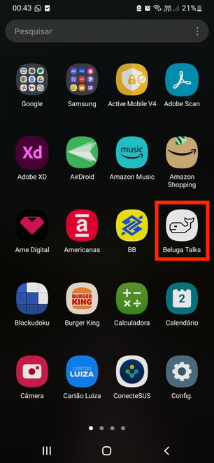 Menu do celular com o ícone do aplicativo Beluga instalado