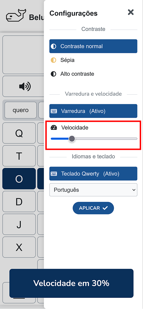 Aplicativo Beluga Talks exibindo a mensagem de alteração da velocidade para 30%
