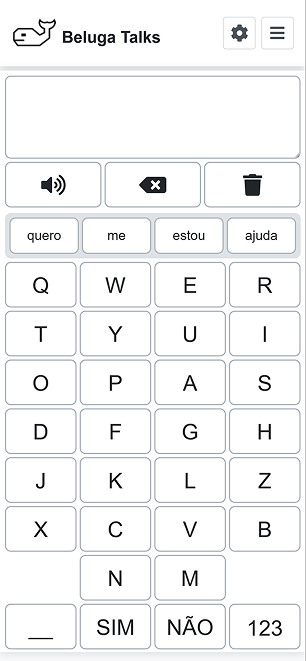 Aplicativo Beluga Talks exibindo a prancha no padrão de teclado QWERTY