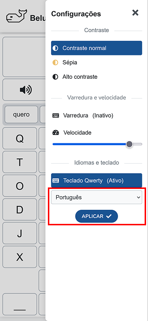 Aplicativo Beluga Talks com a caixa de seleção de idiomas e o botão 'Aplicar' marcados, na caixa de seleção de idiomas está selecionado 'português'