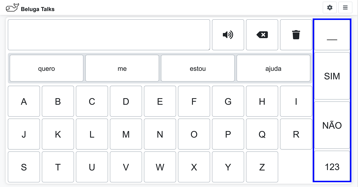 Aplicativo Beluga Talks exibindo a disposição dos botões quando executado em um dispositivo com tela maior